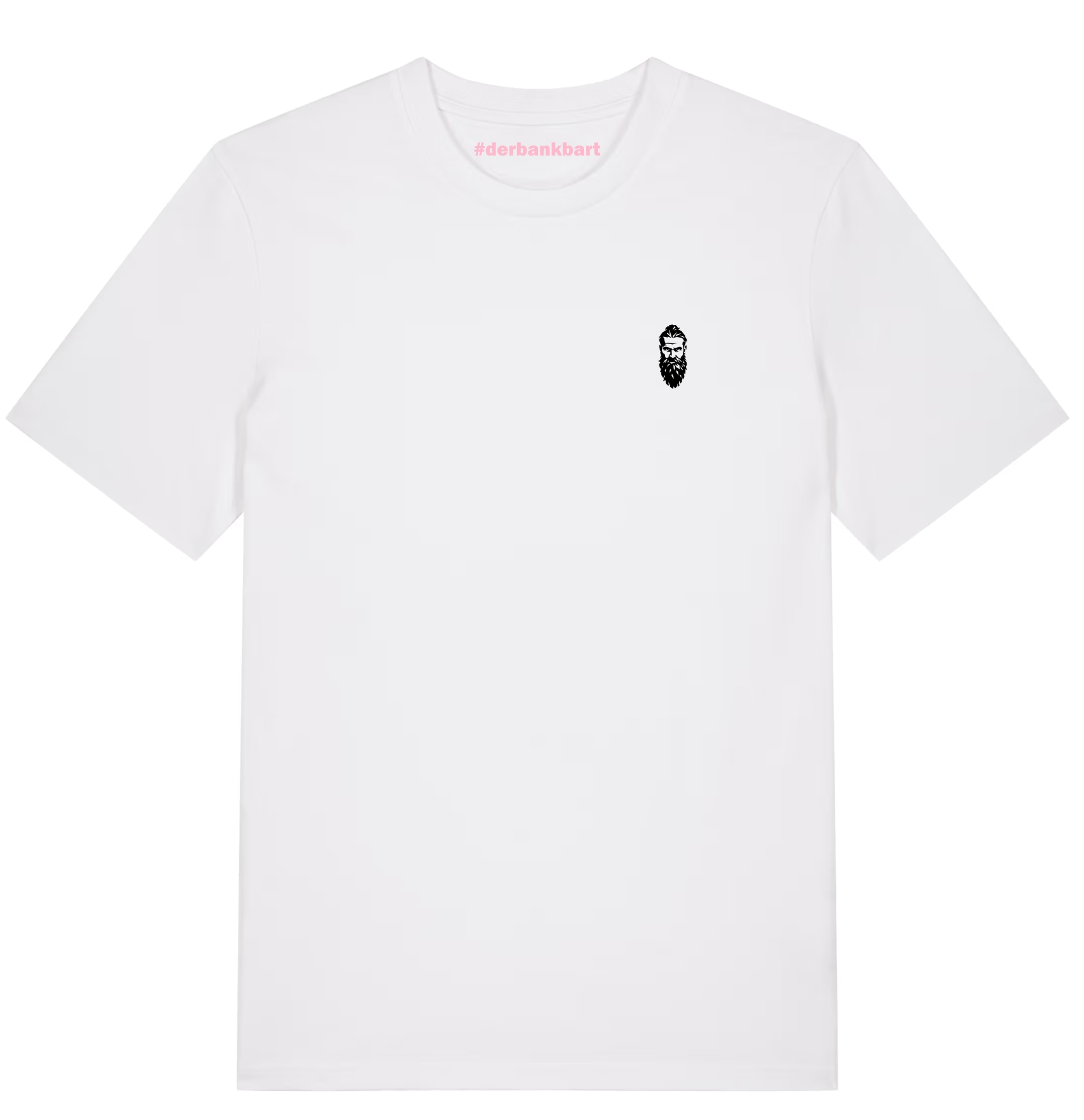 Weißes T-Shirt mit schwarzem #derbankbart-Logo auf der Brust und pinken #derbankbart-Schriftzug im inneren Nackenbereich