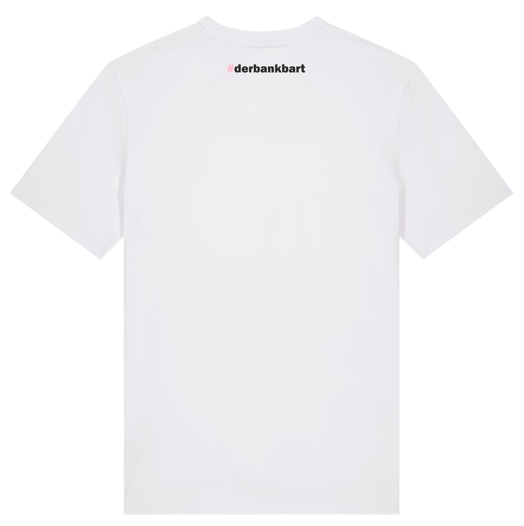 Rückseite eines weißen T-Shirts mit pink-schwarzem #derbankbart-Schriftzug im oberen Nackenbereich