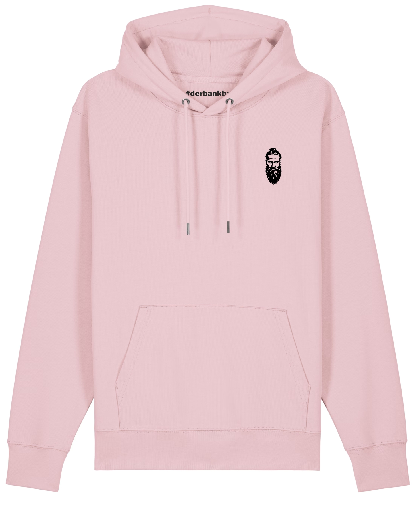 Rosa Hoodie mit schwarzem #derbankbart-Logo auf der Brust und #derbankbart-Schriftzug im inneren Nackenbereich